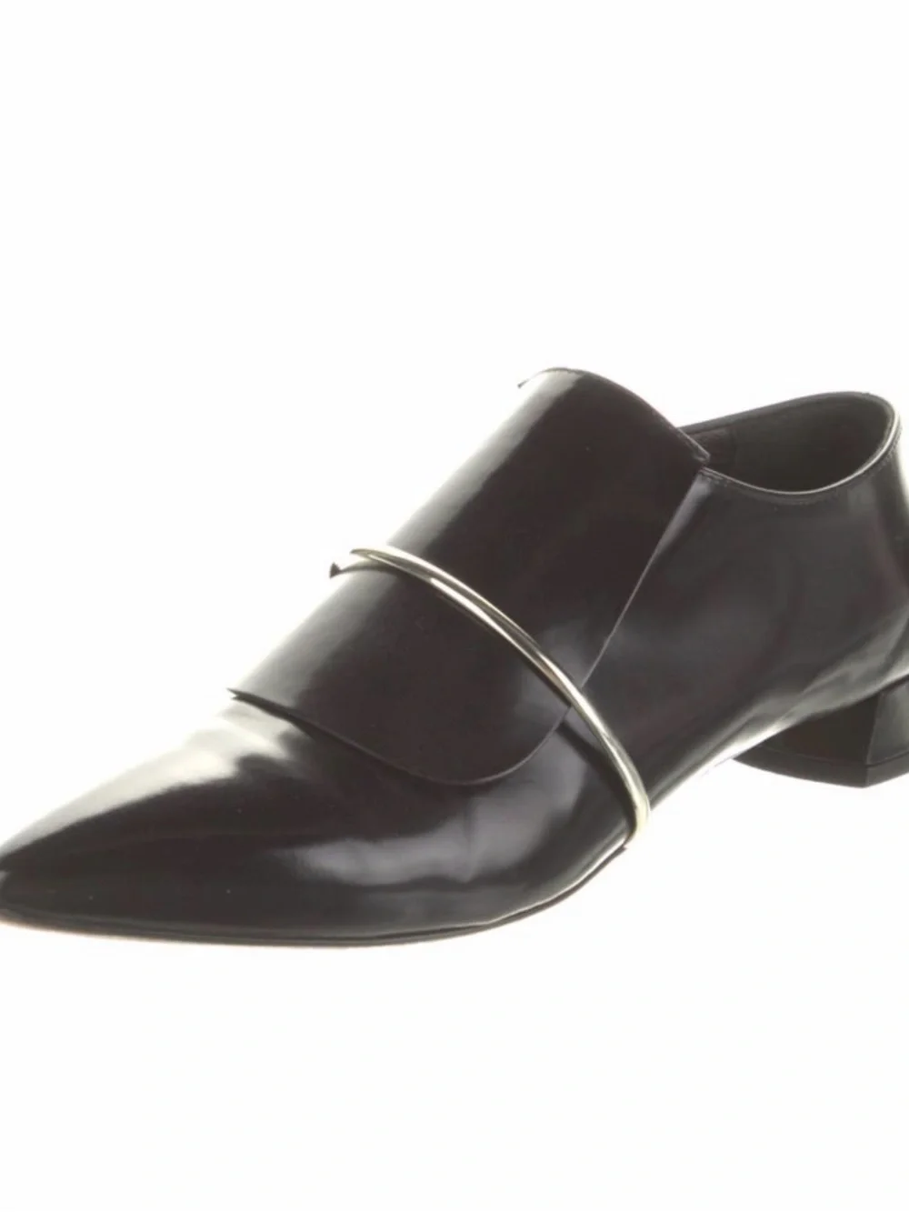 Agl Black Patent Leather Pointed Slip-On Loafer with Gold Accent